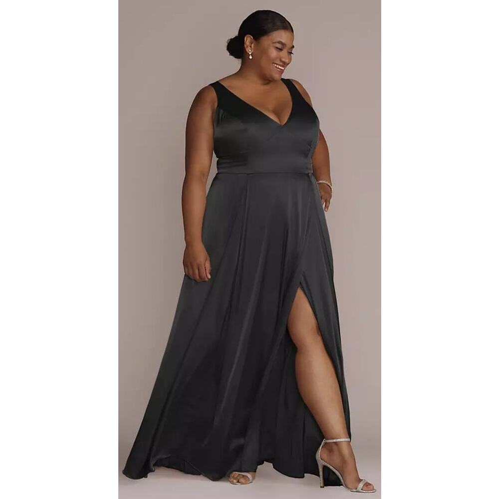 Galina Signature Black Charmeuse Tank V-Neck Dress w/Slit Satin sz 20 NWT $179